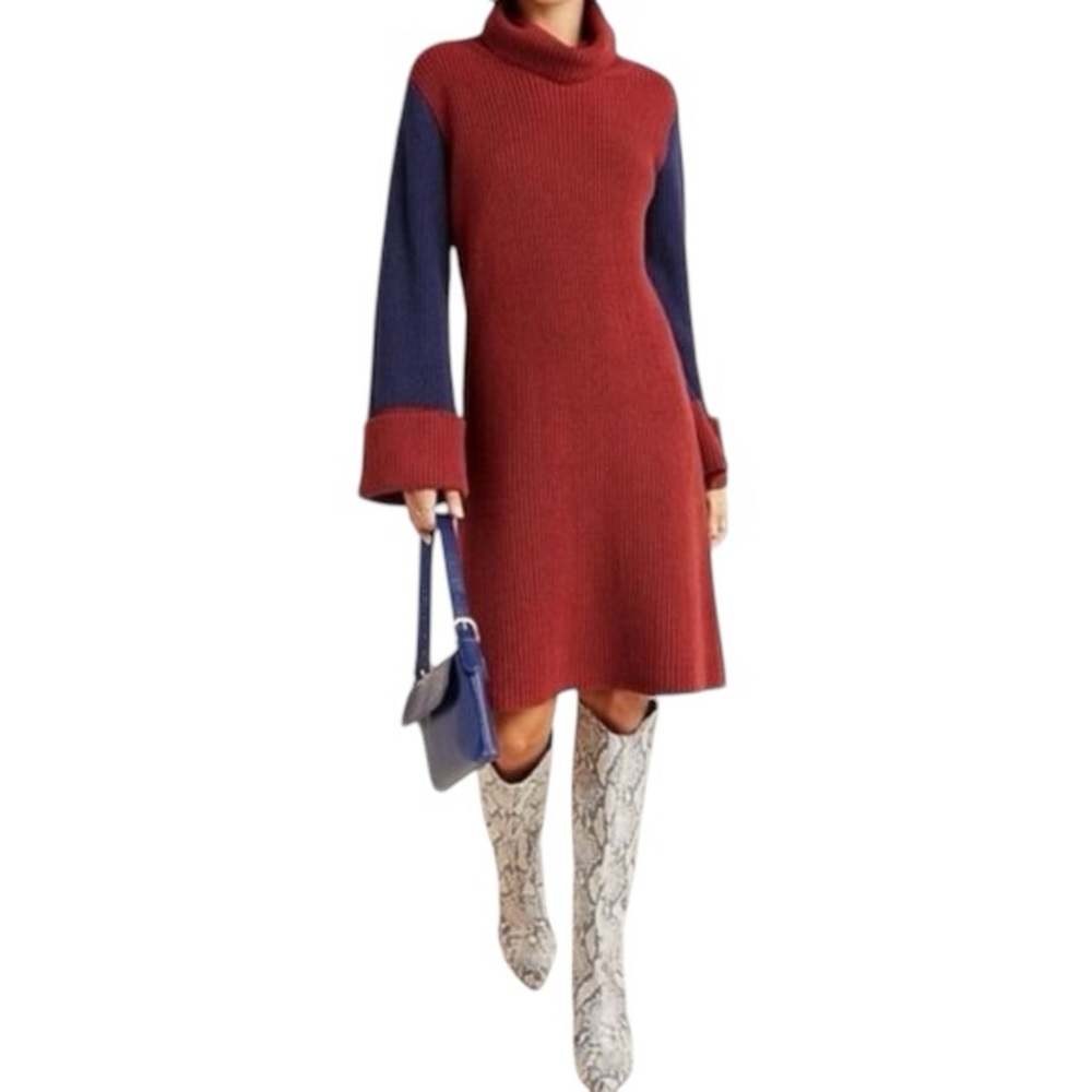 Anthropologie Callahan Duffy Colorblocked Turtleneck Sweater Dress Red Blue